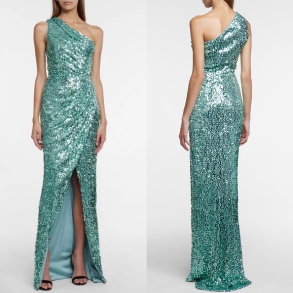 Rasario green sequin one shoulder gown maxi dress size US 6 NEW! New with tags! - Picture 1 of 13